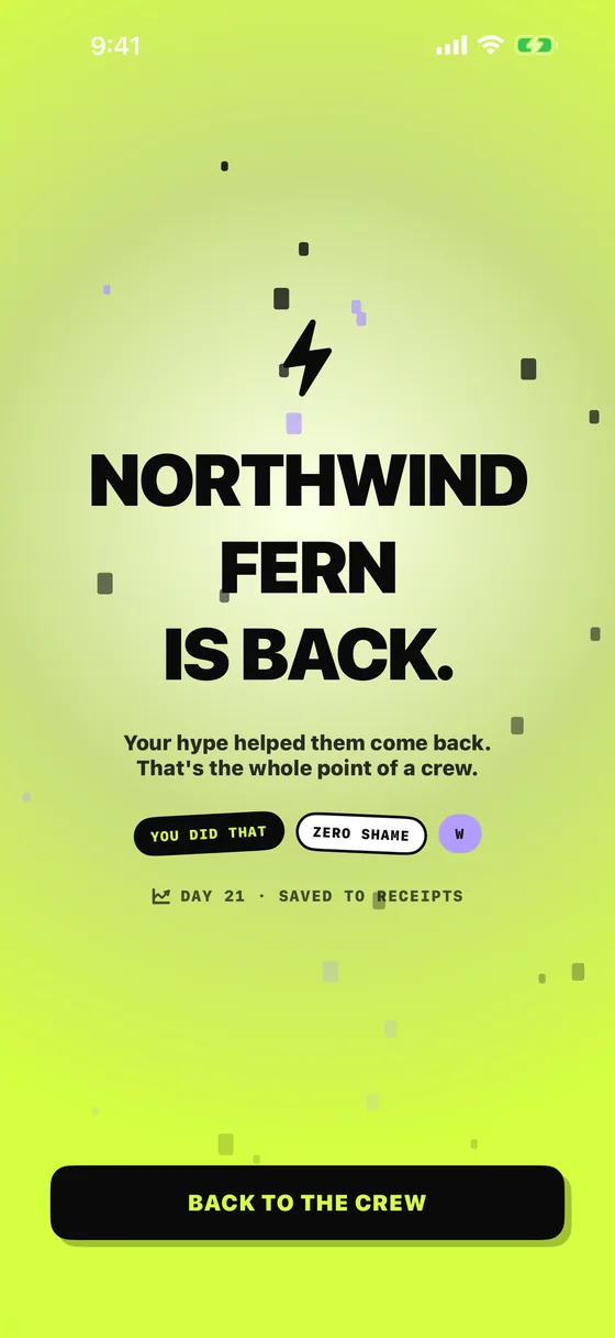 A full-screen celebration reading NORTHWIND FERN IS BACK, with the line: your hype helped them come back.